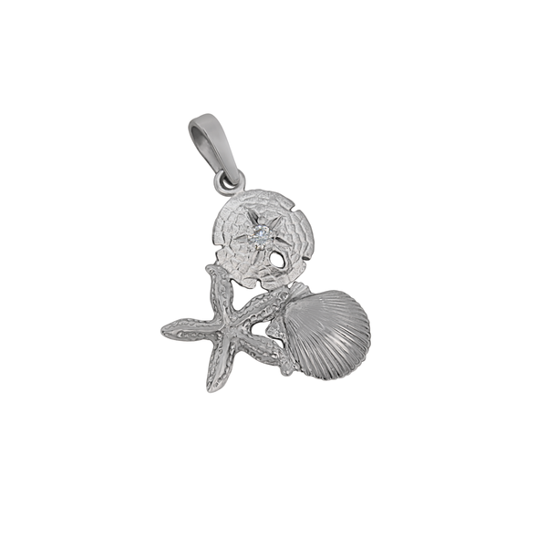 14k White Gold Small Pectin, Sanddollar, & Starfish Pendant with Single Diamond, D=.05tw