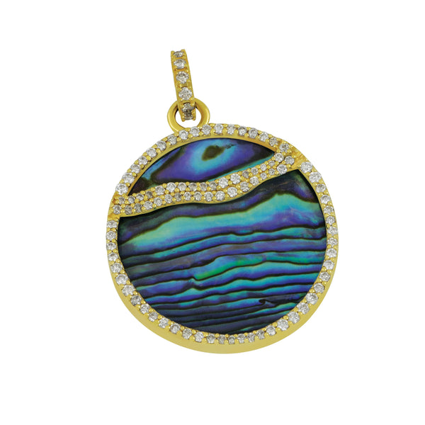 Syna 18 karat yellow gold round Abalone 10cts Diamond Wave Pendant, D=0.80tw