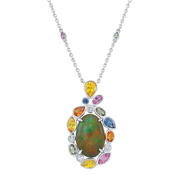 Robert Procop Limted Edition Platinum De La Vie Opal Cabachon 9.15cts Fancy Sapphire 5.66ctw and Diamond 0.24ctw 20" Pendant