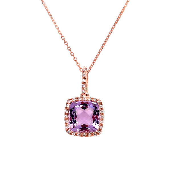 14 Karat Rose Gold 16" Pink Amythest with Diamond Bezel/Bail, Pink Am=2.10ct ,29Dias=.12tw GH/SI