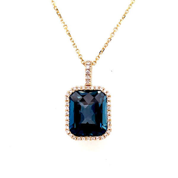 14k Yellow Gold 16" London Blue Topaz with Diamond Bezel/Bail Necklace, LBT=6.80ct, 41Dias=.19tw GH/SI