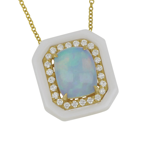 David Kord 14 Karat Yellow Gold 18" Opal with Diamond and White Enamel Halos Necklace, Op=1.68ct, Dias=.23tw GH/SI