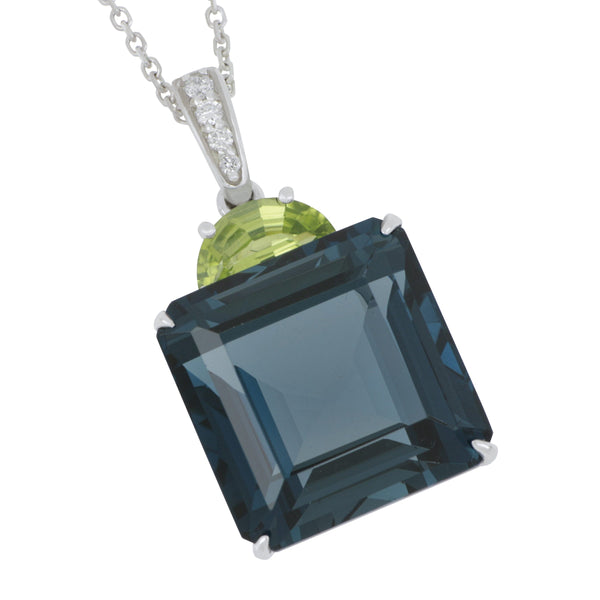 14k White Gold London Blue Topaz, Peridot and Diamond Pendant 18", LBT= 17.50ct PER=0.70ct D=0.06tw GH/SI Supports Captain's for Clean Water