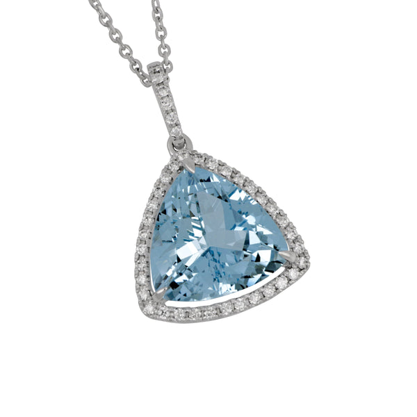 14 Karat White Gold 16" Aqua with Diamond Bezel/Bail, Aqua=5.35ct, 39Dias=.30tw