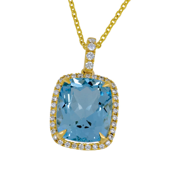 14 Karat Yellow Gold 16" Aqua with Diamond Bezel/Bail, Aqua=4.81ct, 38Dias=.30tw