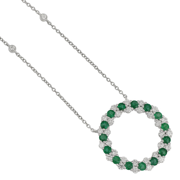 18k White Gold Alternating Emerald and Diamond Circle Necklace 16-18", EM=1.33tw D=1.40tw