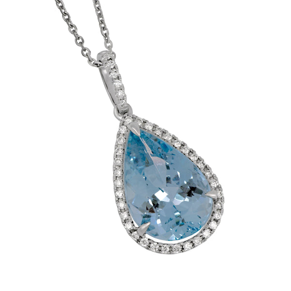 14 Karat White Gold 16" Pear Shape Aqua with Diamond Bezel/Bail Necklace, Aqua=5.19ct, 39Dias=.30tw