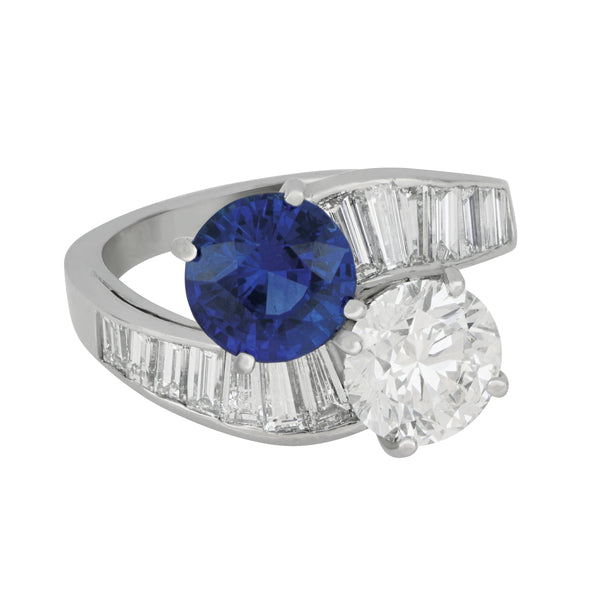 Oscar Heyman Platinum Bypass Sapphire 2.99ct, Diamond 2.01ct and Baguette 1.33ctw Ring, Size 6.5