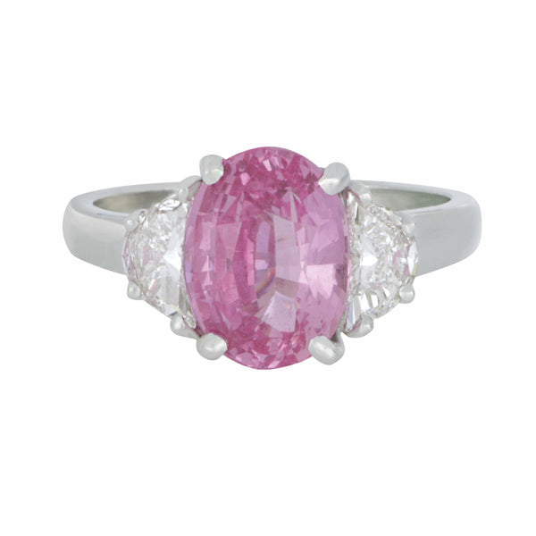 Oscar Heyman Platinum oval Padparadscha Sapphire 4.07ct certified 2 half moon diamonds 0.62ctw FG/VS ring size 6