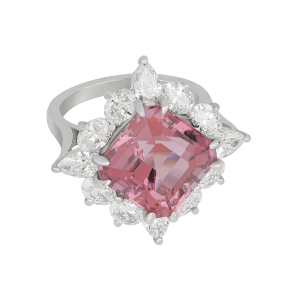 Oscar Heyman Platinum Ascher cut Pink Tourmaline 8.96ct and Diamond 2.59ctw Ring, Size 6.5