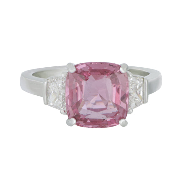 Oscar Heyman Platinum cushion Padparadscha Sapphire 4.13ct certified 2 trapezoid diamonds 0.62ctw FG/VS ring size 6