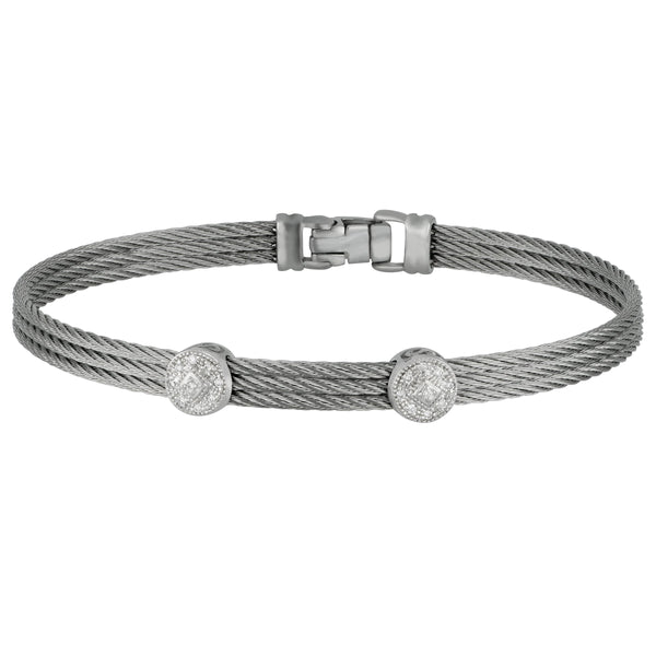 Alor Stainless Steel and 18 karat whte gold thre Grey Cable double Round Diamond Stackable Bracelet, D=0.09tw