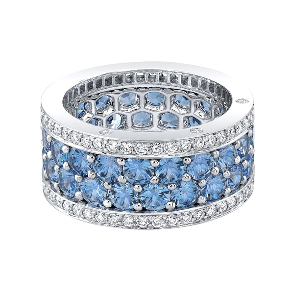 Robert Procop American Glamour Collection 18 karat white gold 4 row graduating blue sapphire 5.58ctw and diamond 0.89ctw FG/VS eternity ring size 7