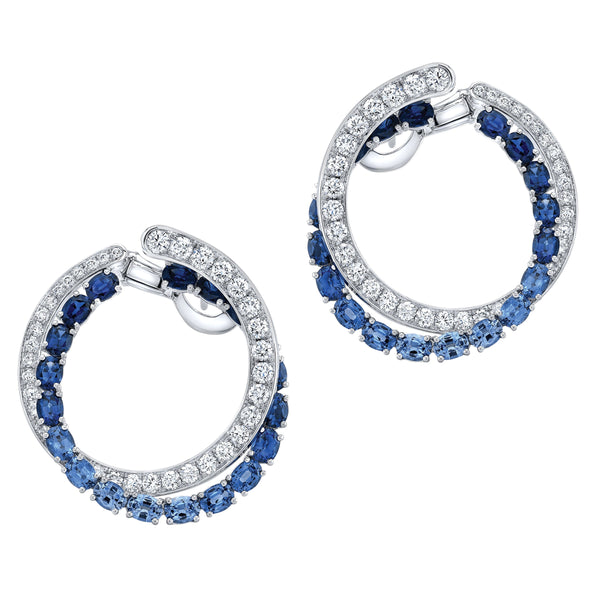 Robert Procop American Glamour Collection 18 karat white gold 2 circle graduating blue sapphire 7.09ctw and diamond 2.54ctw FG/VS front to back earrings