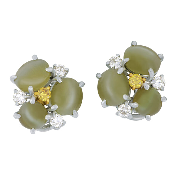 Oscar Heyman Platinum 6 Cat's Eye Chrysoberyl 13.09ctw 6 diamonds 0.52ctw FG/VS and 2 yellow diamonds 0.21ctw earrings certified