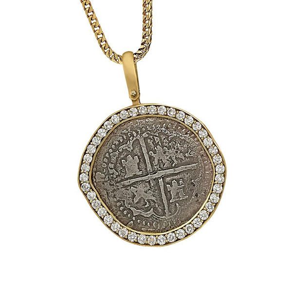 Atocha 2 Reale Coin set in Custom 14 Karat Yellow Gold Full Diamond Bezel Pendant