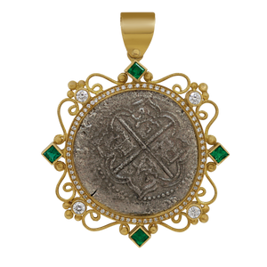 18k Yellow Gold Intricate Bezel Grade One Atocha Shipwreck Spanish 2-Reale Coin Pendant with Emeralds and Diamonds Pendant