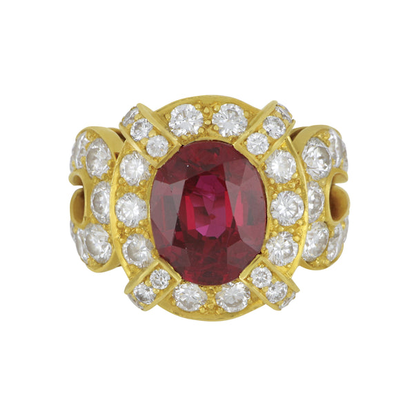 Estate 18 karat Yellow Gold Oval No Heat Ruby=4.99cts and Diamond Ring, D=3.72tw GH/VS