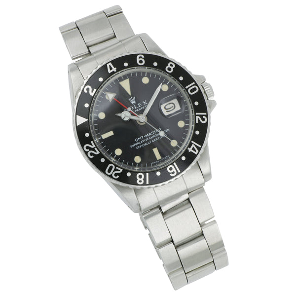 Estate Stainless Steel Rolex GMT Black Dial Sport Oyster Bracelet