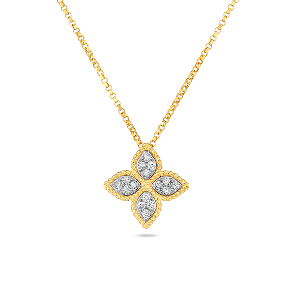 Roberto Coin 18k Yellow & White Gold Medium Princess Flower Diamond Pendant 16-18