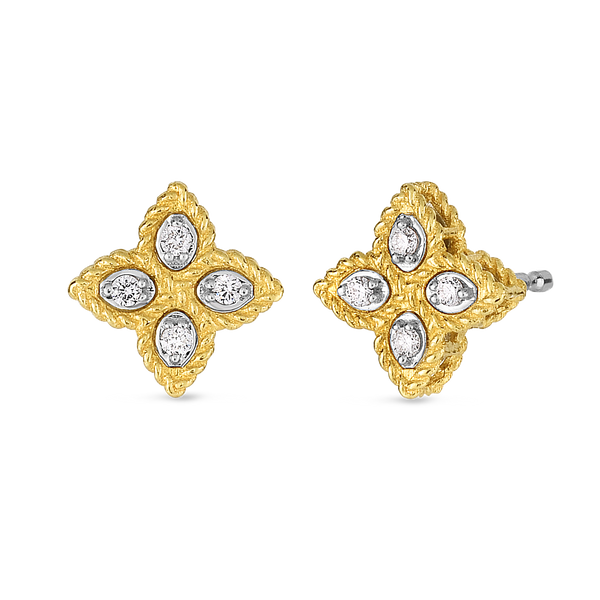 Roberto Coin 18k White & Yellow Gold Small Princess Flower Diamond Stud Earrings, D=.07tw