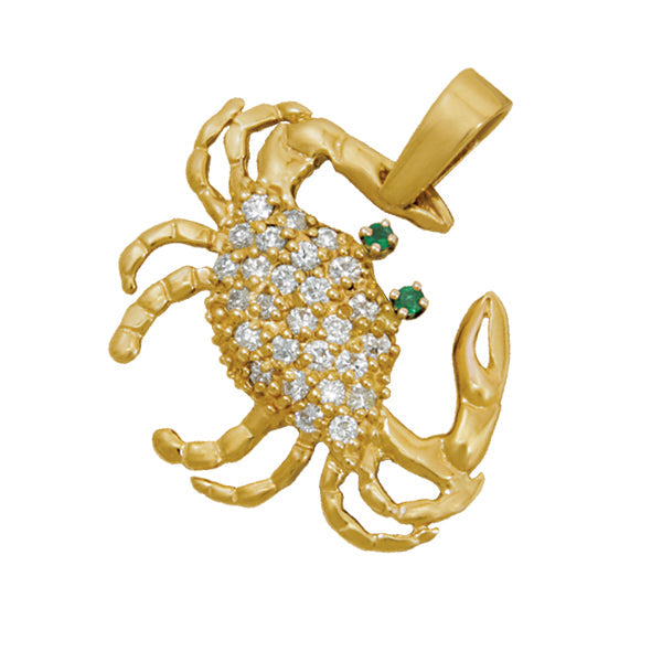 14k Yellow Gold Medium Pavé Diamond Crab Pendant with Emerald Eyes, D=.54tw