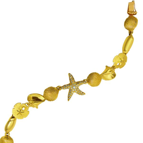 18k Yellow Gold Large Sealife Quad Bracelet with Pavé Diamond Starfish, D=.50tw