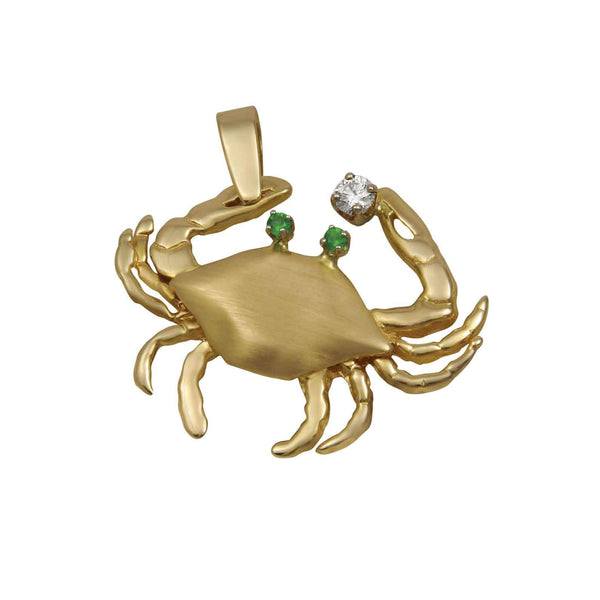 14k Yellow Gold Medium Crab Pendant with Diamond & Emerald Eyes, D=.10tw