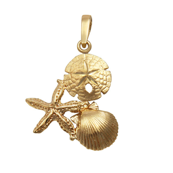 14k Yellow Gold Small Pectin, Starfish, & Sanddollar Pendant