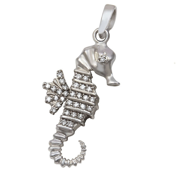 14k White Gold "Sea Jewels" Pavé Diamond Seahorse Pendant, D=.18tw