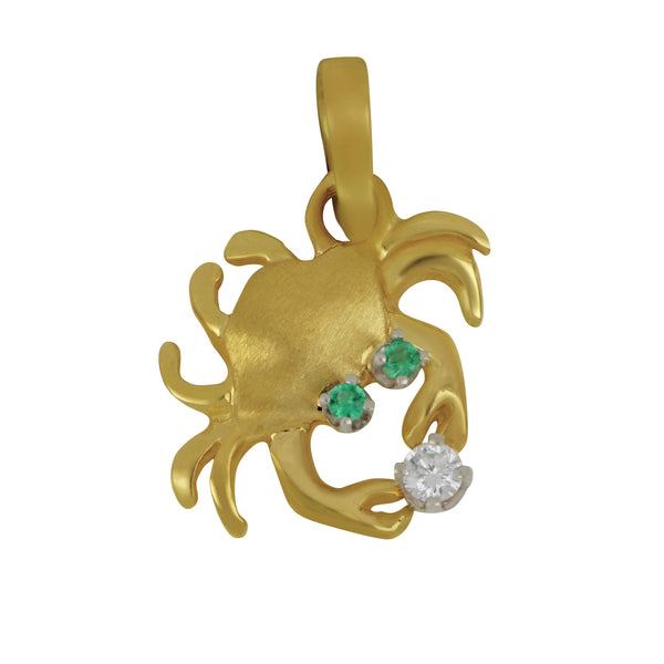 14k Yellow Gold Small Crab Pendant with Diamond & Emerald Eyes, D=.05tw