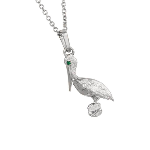 14k White Gold Pelican Pendant with Emerald Eye