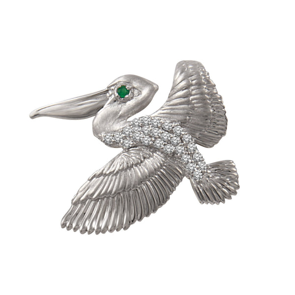 14k White Gold "Sea Jewels" Small Pavé Diamond Flying Pelican Pendant with Emerald Eye, D=.16tw