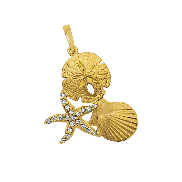 14k Yellow Gold Large Pectin, Sanddollar, & Starfish Pendant with Diamonds, D=.21tw