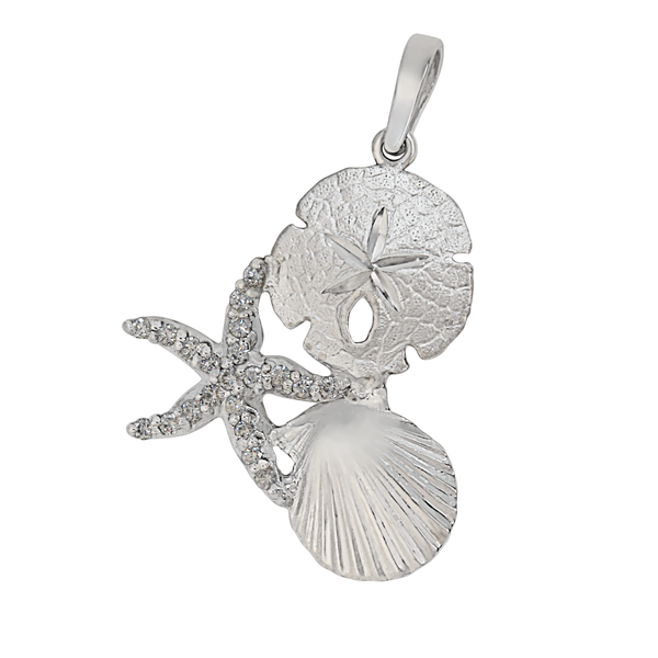 14k White Gold Large Pectin, Sanddollar & Starfish Pendant with Diamonds, D=.21tw