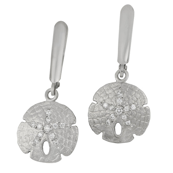 14k White Gold 14mm Sanddollar Euro Wire Earrings with Diamonds, D=.12tw