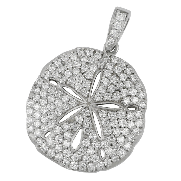 14k White Gold "Sea Jewels" 27mm Pavé Diamond Sanddollar Pendant, D=2.72tw