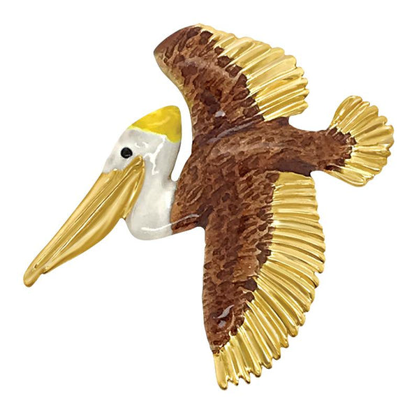 14k Yellow Gold Small Foldover Pelican Brown & White Enamel Pendant