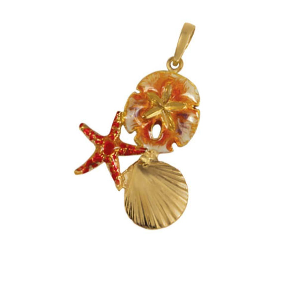 14k Yellow Gold Large Pectin, Starfish, and Sanddollar Brown Enamel Pendant