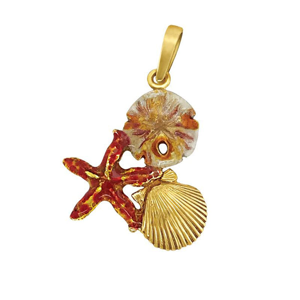 14k Yellow Gold Small Pectin, Starfish, and Sanddollar Brown Enamel Pendant