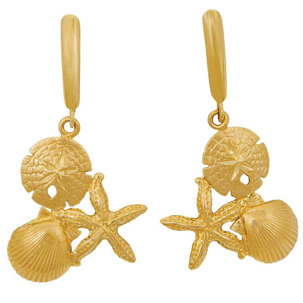 14k Yellow Gold Pectin, Sanddollar, & Starfish Euro Wire Earrings