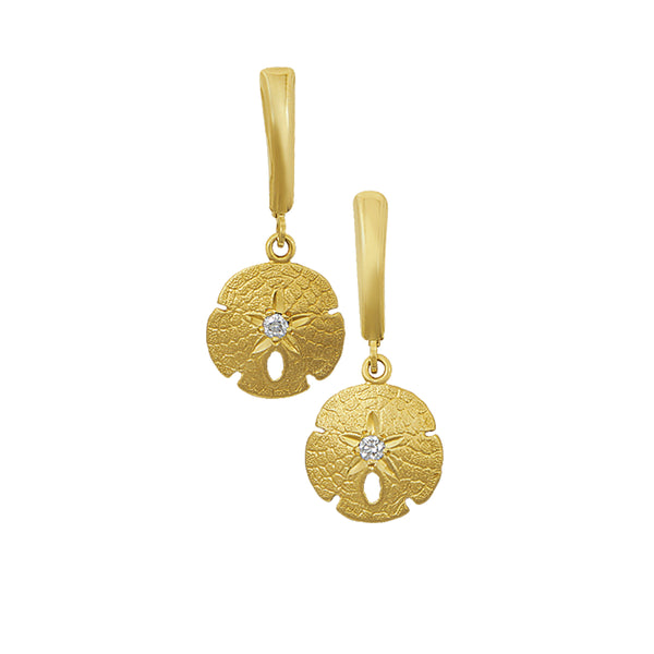 14k Yellow Gold 14mm Sanddollar Euro Wire Earrings with Single Diamond, D=.10tw