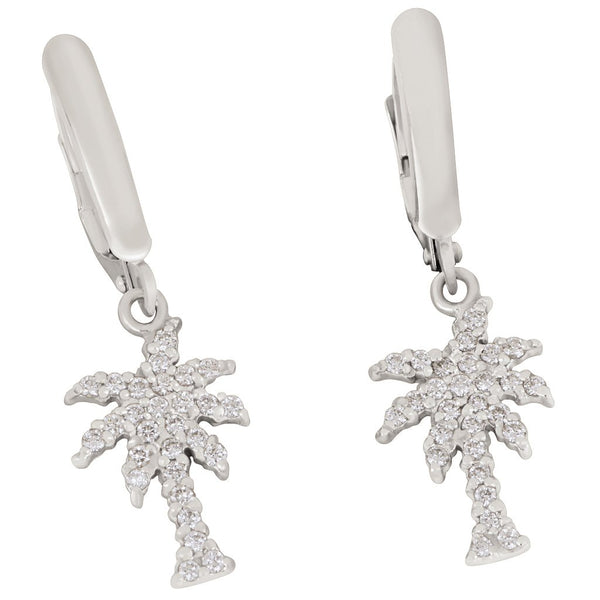 14k White Gold "Sea Jewels" Pavé Diamond Palm Tree Euro Wire Earrings, D=.32tw