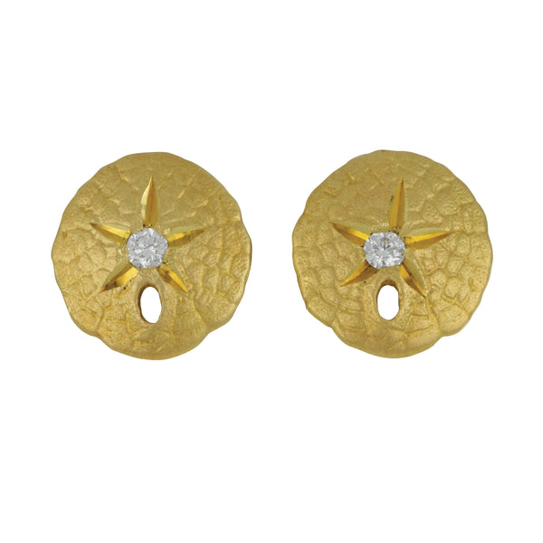 14k Yellow Gold 11mm Sanddollar Earrings with Single Diamond, D=.06tw