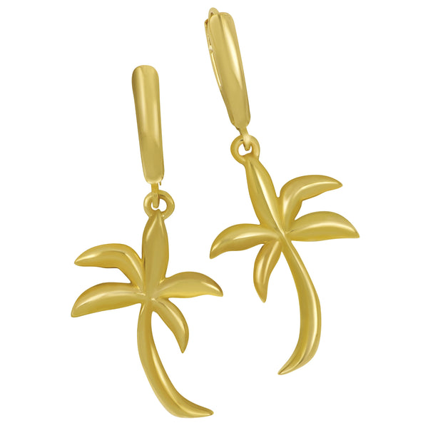 14k Yellow Gold Large Soft Graphic Palm Tree Euro Earrings