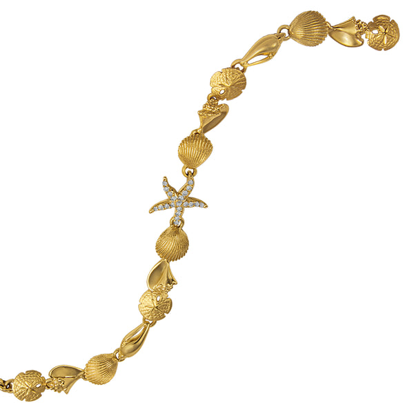 14k Yellow Gold Sealife Quad with Diamond Starfish Bracelet, D=.21tw