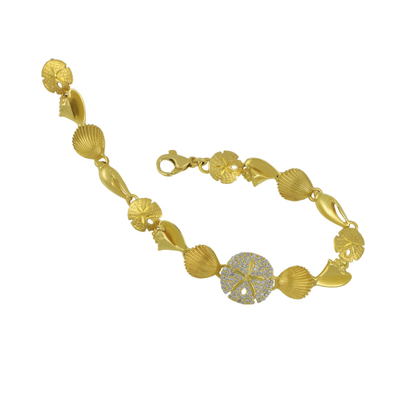 14k Yellow Gold Sealife Quad Bracelet with Pavé Diamond Sanddollar, D=.50tw