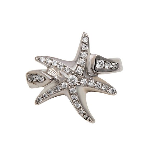 14k White Gold Starfish Pavé Diamond Band Ring, D=.36tw