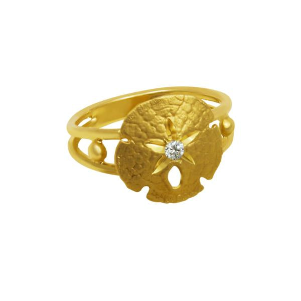 14k Yellow Gold 14mm Sanddollar Ring with Single Diamond, D=.05tw