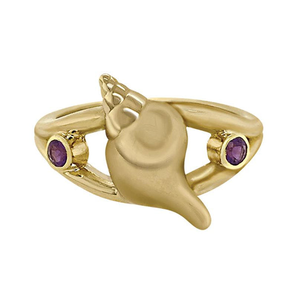 02 February "Birthshell" 14k Yellow Gold Ring: The Tulip Shell with Amethysts